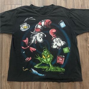 Vintage Dr Seuss Grinch Cat in the Hat Tee Black Big Graphic Shirt XL 90s Style
